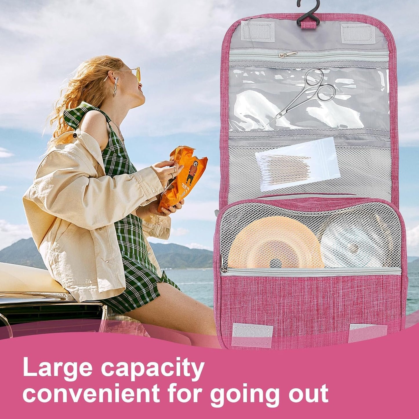 AGDGV Large Capacity Waterproof Travel Toiletry Bag with Hanging Hook - Multifunctional Organizer for Full-Sized Shampoo, Cosmetics & Toiletries | Portable Dopp Kit for Women & (Rose Red 21.8x19.5 cm)