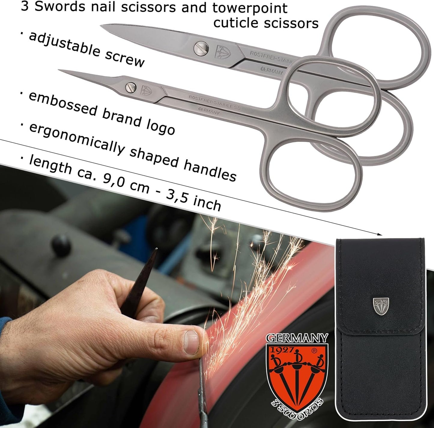 3 Swords Germany - Brand Quality Stainless Steel INOX Curved Nail Scissors and Curved Cuticle TOWERPOINT Scissors with case - Made in Germany