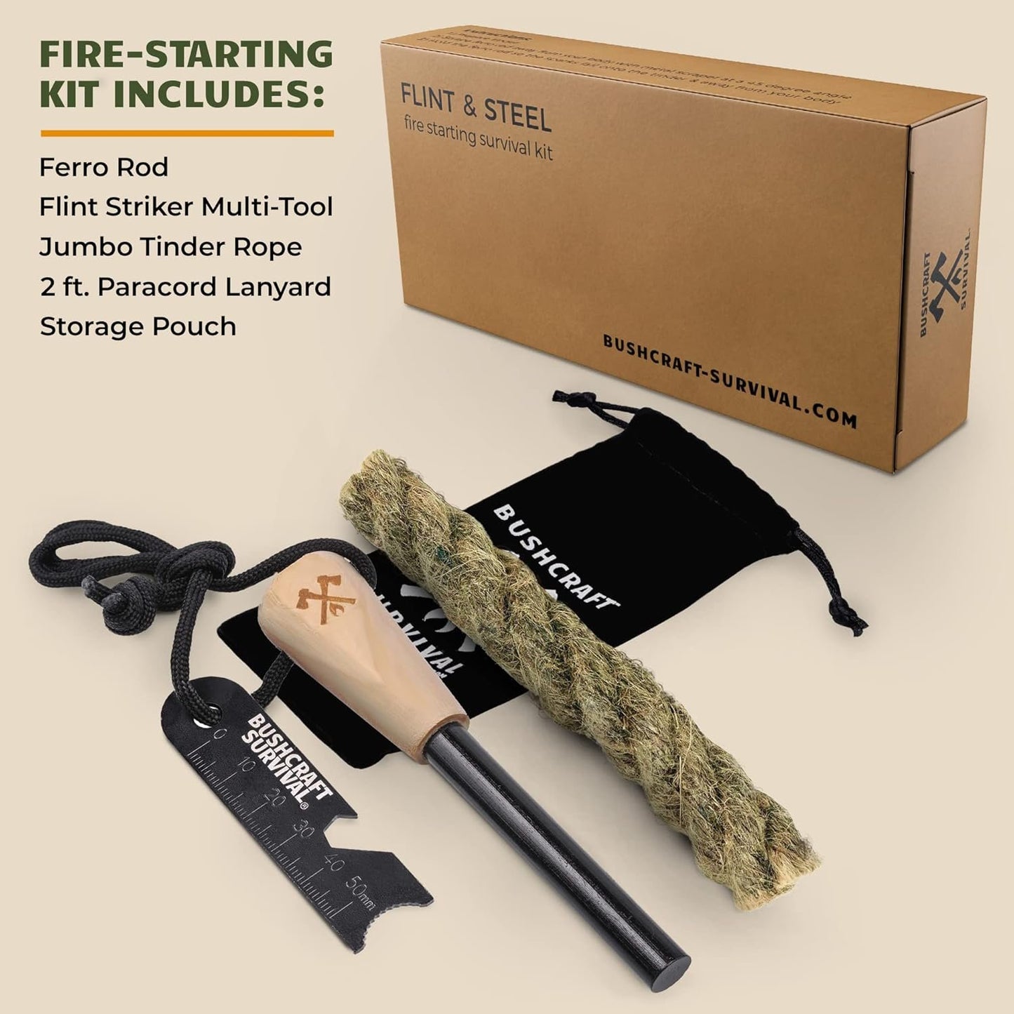 Bushcraft Survival Gear Ferro Rod Fire Starter | Flint and Steel Campfire Starter Kit w/Tinder Rope | Waterproof Magnesium Firestarter Tool for Camping and Backpacking