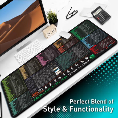 Excel Shortcut Keys Mouse Pad - Extended Large XXL Cheat Sheet Gaming Mousepad | PC Office Spreadsheet Keyboard Mat | Non-Slip Stitched Edge