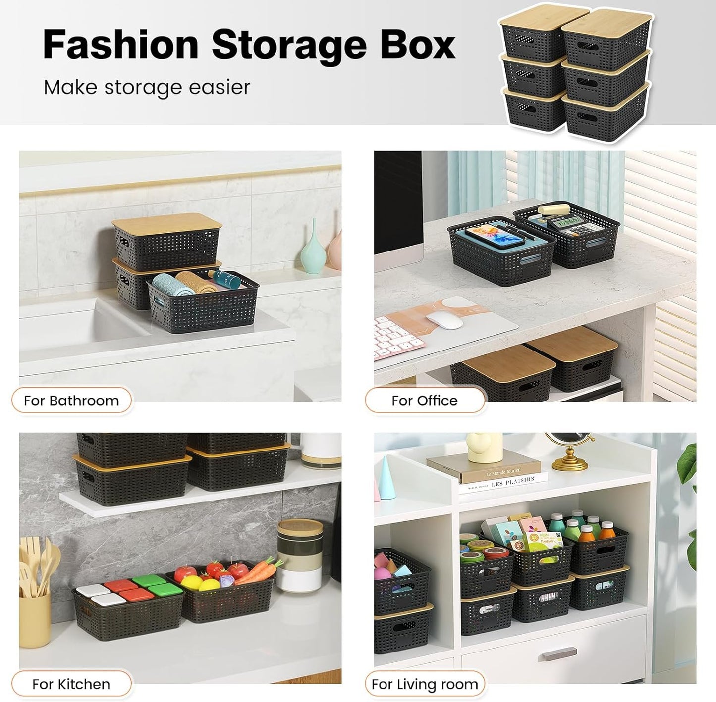 Plastic Storage Baskets With Bamboo Lid - Plastic Storage Containers Stackable Storage bins: Storage Baskets for Organizing Shelves Drawers Desktop Closet Playroom Classroom Office, 6 Pack, Gray