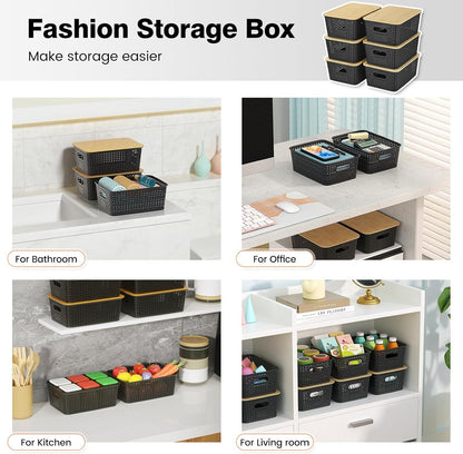 Plastic Storage Baskets With Bamboo Lid - Plastic Storage Containers Stackable Storage bins: Storage Baskets for Organizing Shelves Drawers Desktop Closet Playroom Classroom Office, 6 Pack, Gray