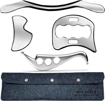 GYX COELE 4 IN 1 Muscle Scraper Tool Set, Stainless Steel IASTM Massage Tools with Storage Case, 4-Piece Physical Therapy Kit