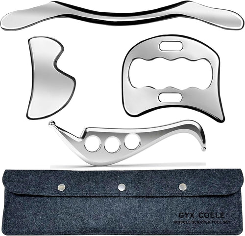 GYX COELE 4 IN 1 Muscle Scraper Tool Set, Stainless Steel IASTM Massage Tools with Storage Case, 4-Piece Physical Therapy Kit