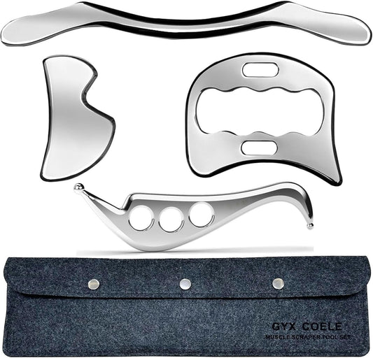 GYX COELE 4 IN 1 Muscle Scraper Tool Set, Stainless Steel IASTM Massage Tools with Storage Case, 4-Piece Physical Therapy Kit