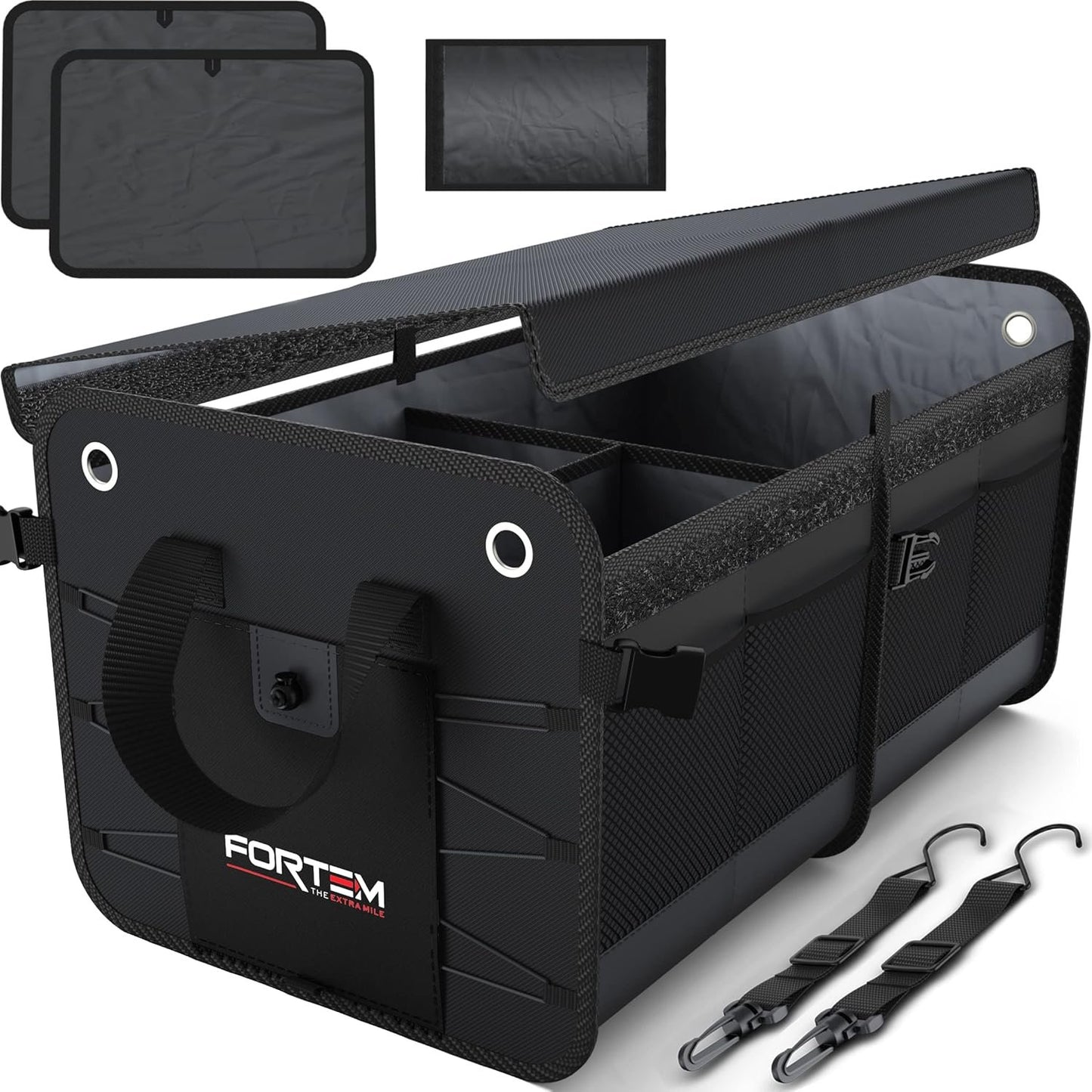 FORTEM SUV Trunk Organizer, Car Organizer, Collapsible Multi-Compartment Storage Bag for Car Accessories for Women Men, Non Slip Bottom, Adjustable Straps, Foldable Cover (Large, Black)