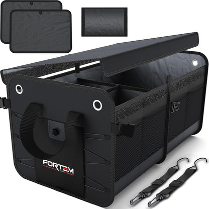 FORTEM SUV Trunk Organizer, Car Organizer, Collapsible Multi-Compartment Storage Bag for Car Accessories for Women Men, Non Slip Bottom, Adjustable Straps, Foldable Cover (Large, Black)