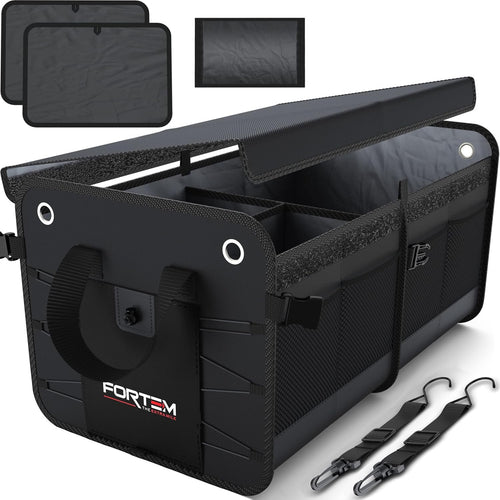 FORTEM SUV Trunk Organizer, Car Organizer, Collapsible Multi-Compartment Storage Bag for Car Accessories for Women Men, Non Slip Bottom, Adjustable Straps, Foldable Cover (Large, Black)