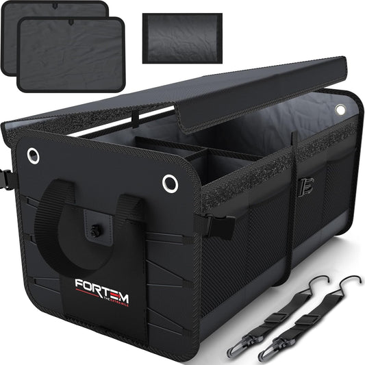 FORTEM SUV Trunk Organizer, Car Organizer, Collapsible Multi-Compartment Storage Bag for Car Accessories for Women Men, Non Slip Bottom, Adjustable Straps, Foldable Cover (Large, Black)