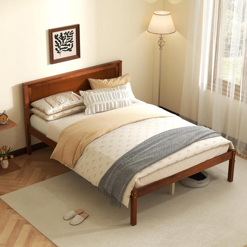 KOMFOTT Full Size Wood Platform Bed Frame with Headboard, Solid Wood Bed Frame with Slat Support, Under Bed Storage, 16” Mattress Foundation Bedroom Furniture, No Box Spring Needed (Walnut)