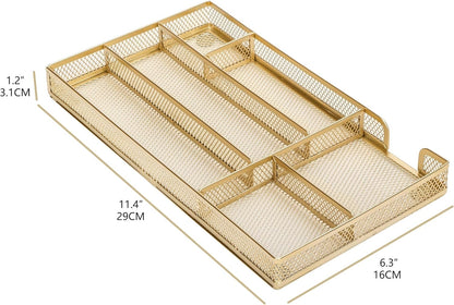 Annova Desk Drawer Organizer Tray for Office Organization - Metal Mesh - Storage Tray with Dividers for Pens, Desktop Accessories, Bathroom, Kitchen, Makeup and Office Supplies (Gold)