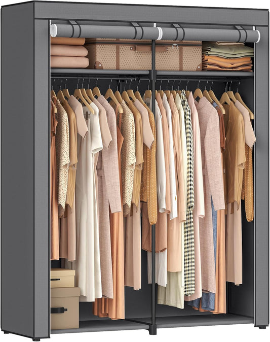 SONGMICS RYG02GY Wardrobe Wardrobe Bedroom Clothes Rack with 2 Bars Clothes Rail Portable Fabric Folding Wardrobe for Wardrobe, 140 x 43 x 174 cm, Grey RYG02GY