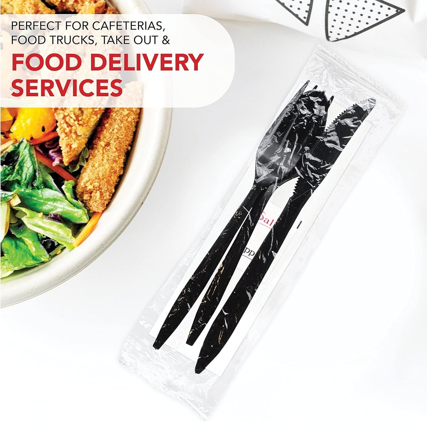 Party Essentials Individually Wrapped Plastic Cutlery Packets/Silverware Kits, Black Fork/Spoon/Knife/Napkin/Salt/Pepper, 50 Sets