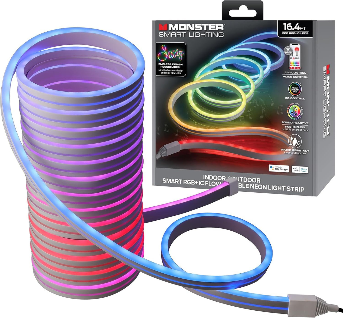 Monster Smart Neon LED Light Strip, 16.4 Ft RGB+IC Wi-Fi LED Rope Light, Water Resistant for Outdoor & Indoor, Compatible with Alexa Google Home & Siri, App & Voice Control, Sound Reactive, Flexible