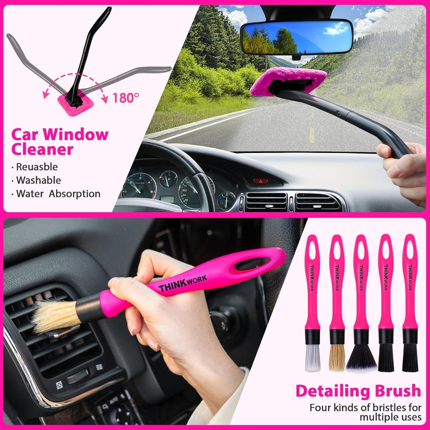 THINKWORK Car Detailing Kit Interior Cleaner, Car Cleaning Kit with 8000PA Cordless Pink Handheld Vacuum Cleaner, Car Interior Detailing Brush Set, Pink Car Accessories, Gift for Women
