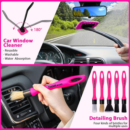 THINKWORK Car Detailing Kit Interior Cleaner, Car Cleaning Kit with 8000PA Cordless Pink Handheld Vacuum Cleaner, Car Interior Detailing Brush Set, Pink Car Accessories, Gift for Women