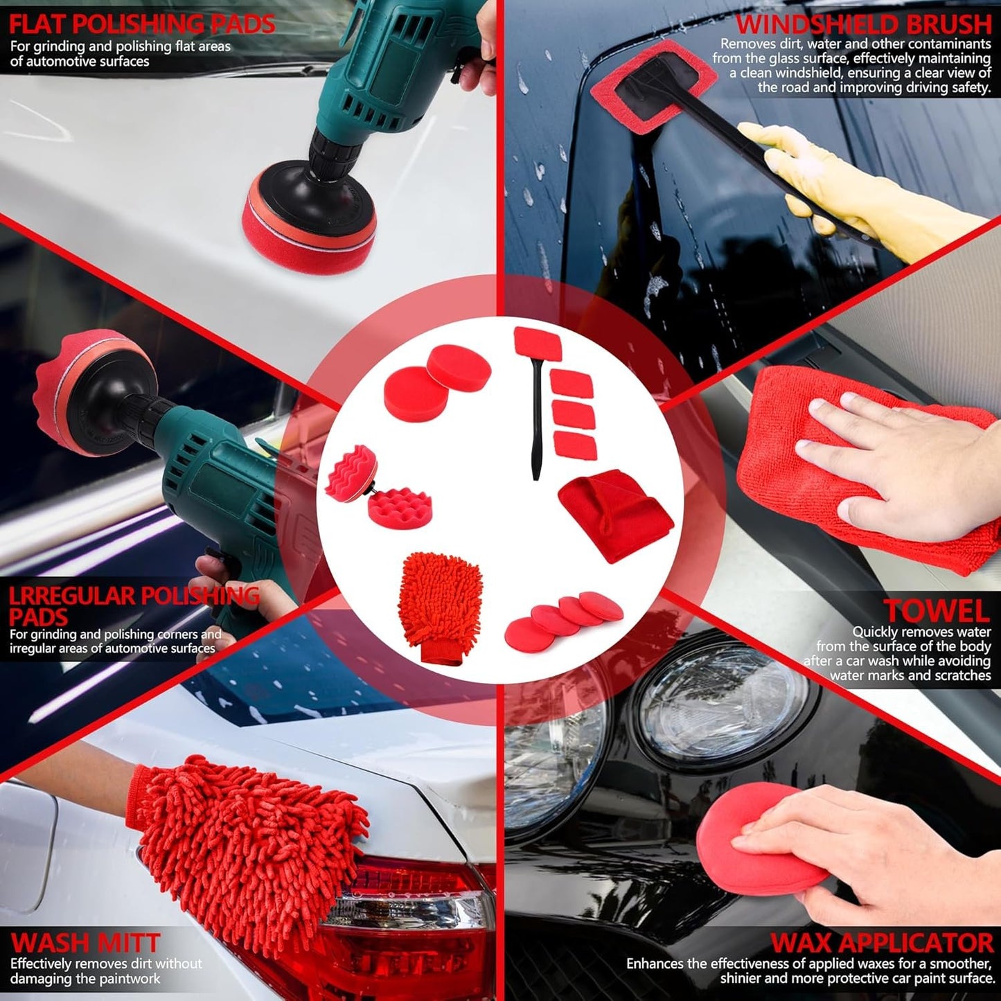 35Pcs Car Detailing Kit, Drill Brush Attachments with Detailing Brush Set and Tools Box, Red Auto Cleaning Kit Interior for Wheels, Dashboard, Windows (B：35PCS-R)