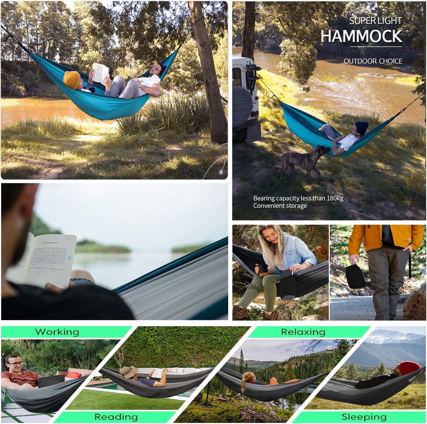 ERUW CozyHoliv Camping Hammock, Single Portable Parachute Hammocks for Outdoor Hiking Travel Backpacking - 210D Nylon Hammock Swing for Backyard & Garden 55''W108''L (Black/Grey - Single)