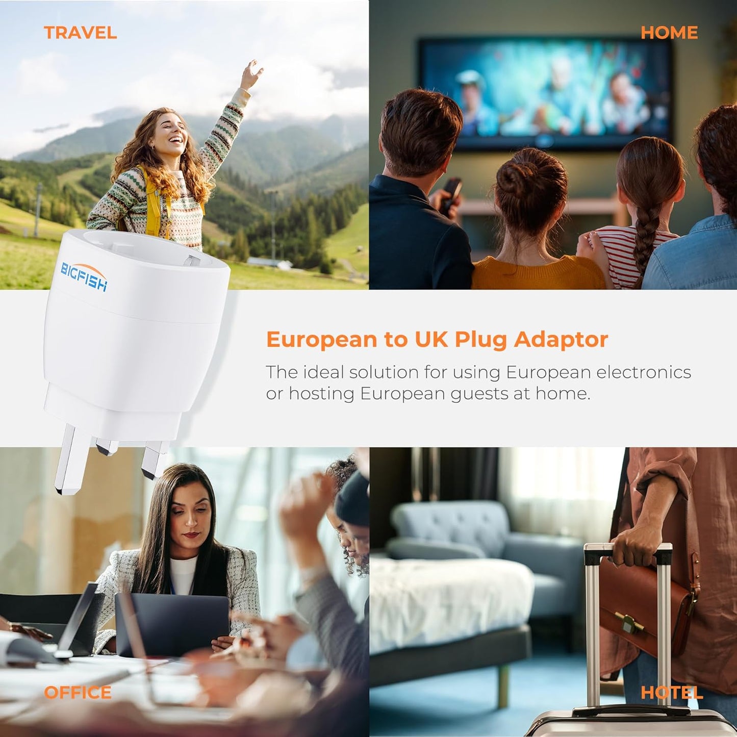 Bigfish UK Plug Adapter, UK Plug Adapter, UK Type G Adapter from EU to England, Scotland, Ireland, Dubai and Maldives