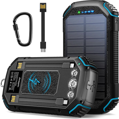 Wireless-36000mAh-Power Bank, Portable Battery Pack with 3 Built-in Cables, Waterproof Solar Charger 4 Outputs 3 Inputs, USB C 3 LED Flashlight, Solar Battery Bank for iPhone Tablet
