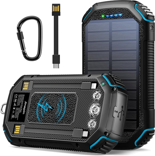 Wireless-36000mAh-Power Bank, Portable Battery Pack with 3 Built-in Cables, Waterproof Solar Charger 4 Outputs 3 Inputs, USB C 3 LED Flashlight, Solar Battery Bank for iPhone Tablet