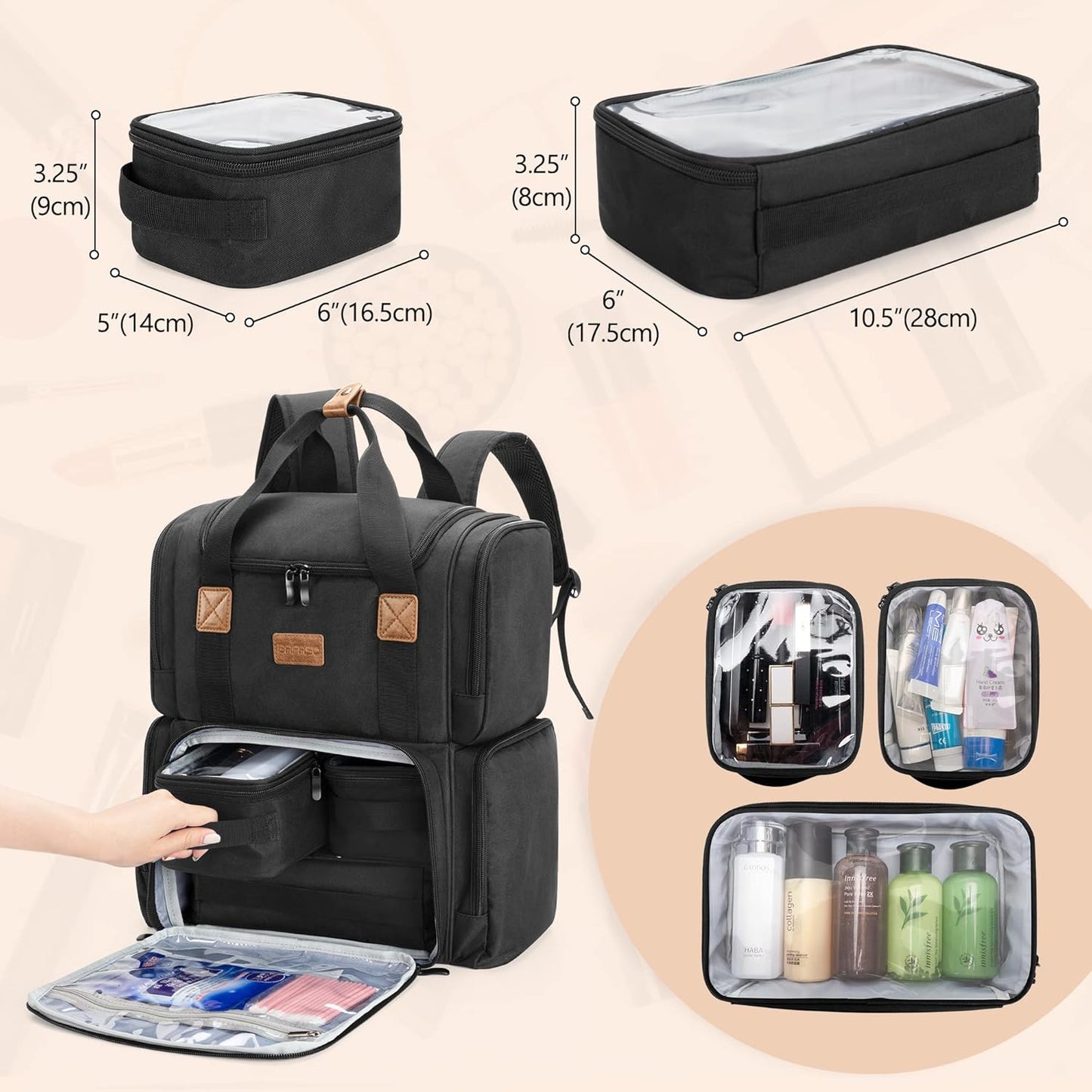 BAFASO Cosmetic Bag Backpack with 3 Removable Inner Pockets, Travel Makeup Bag with Multiple Pockets, Black