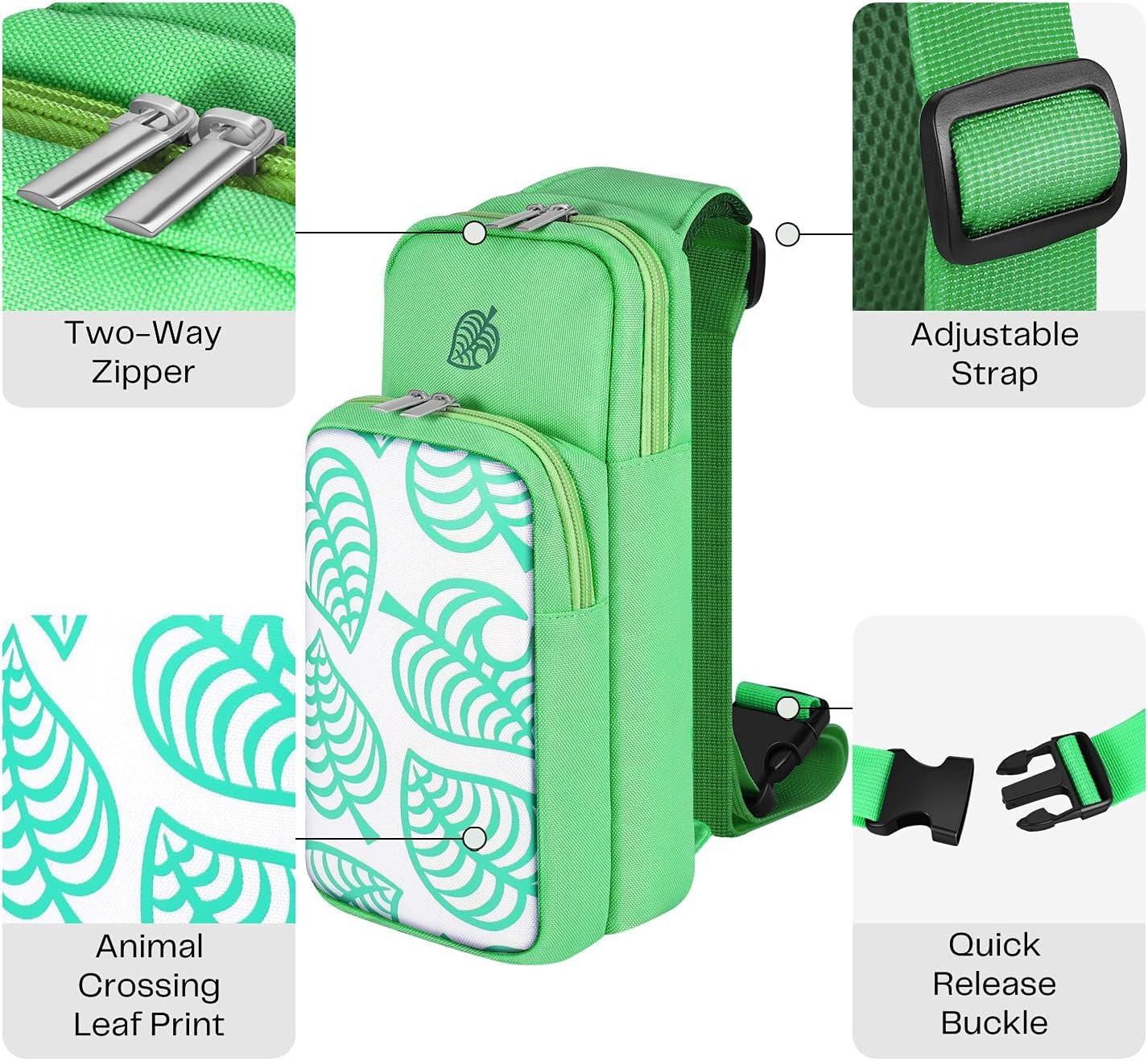 TNP Switch Bag, Travel Bag Compatible with Nintendo Switch & Switch Lite - Shoulder Bag Travel Case Cute Portable Carrying Backpack for Animal Crossing Games Accessories Console & Dock Charger - Green