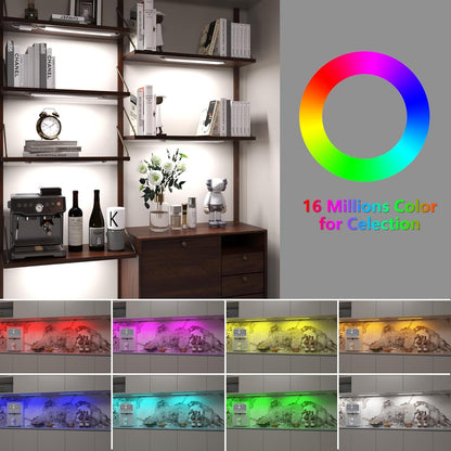 Smart Under Cabinet Lighting Works with Alexa,Google Assistant,Under Counter Light for Kitchen Plug In,RGB Color Changing & White Dimmable,Smart APP,Remote Control Cabinet LED Lights Bar,Linkable,6pcs