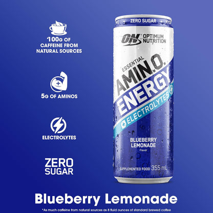 OPTIMUM NUTRITION Amino Energy + Electrolytes Sparkling Hydration Drink, Blueberry Lemonade Flavour, 355ml, 12 Pack