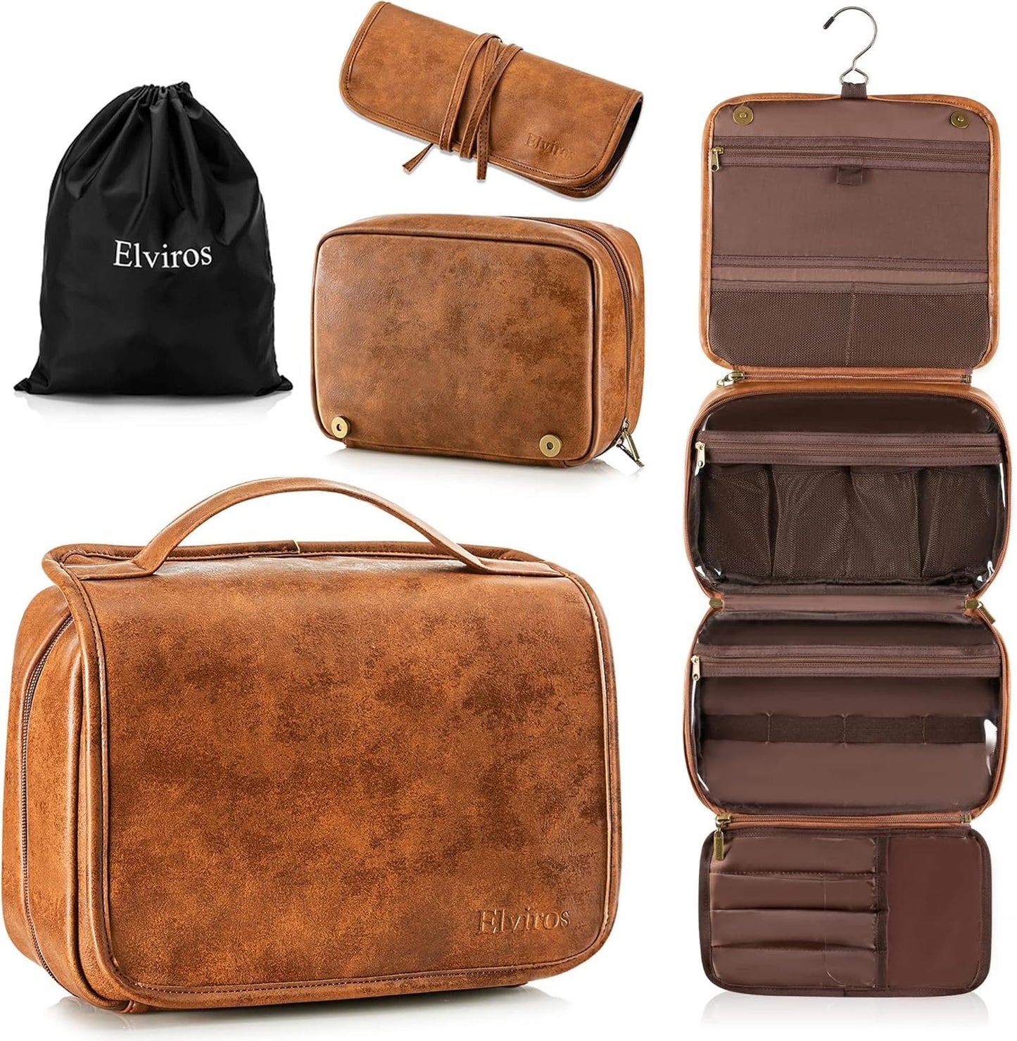 Elviros Hanging Toiletry Bag for Men and Women 3-in-1 Large Waterproof Travel Organizer PU Leather Makeup Bag Dopp Kit with Separate Compartments for Grooming Toiletries and Skincare Accessories