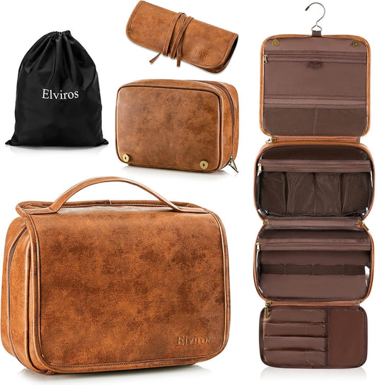 Elviros Hanging Toiletry Bag for Men and Women 3-in-1 Large Waterproof Travel Organizer PU Leather Makeup Bag Dopp Kit with Separate Compartments for Grooming Toiletries and Skincare Accessories