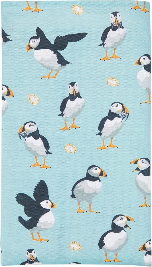 Samuel Lamont Puffins Cotton Tea Towel Adorable Playful Digitally Ilustrated Design Bold Modern Gorgeously Vibrant Sky Blue Backdrop Variety Cute Puffin Motifs 18.89" x 22.44"