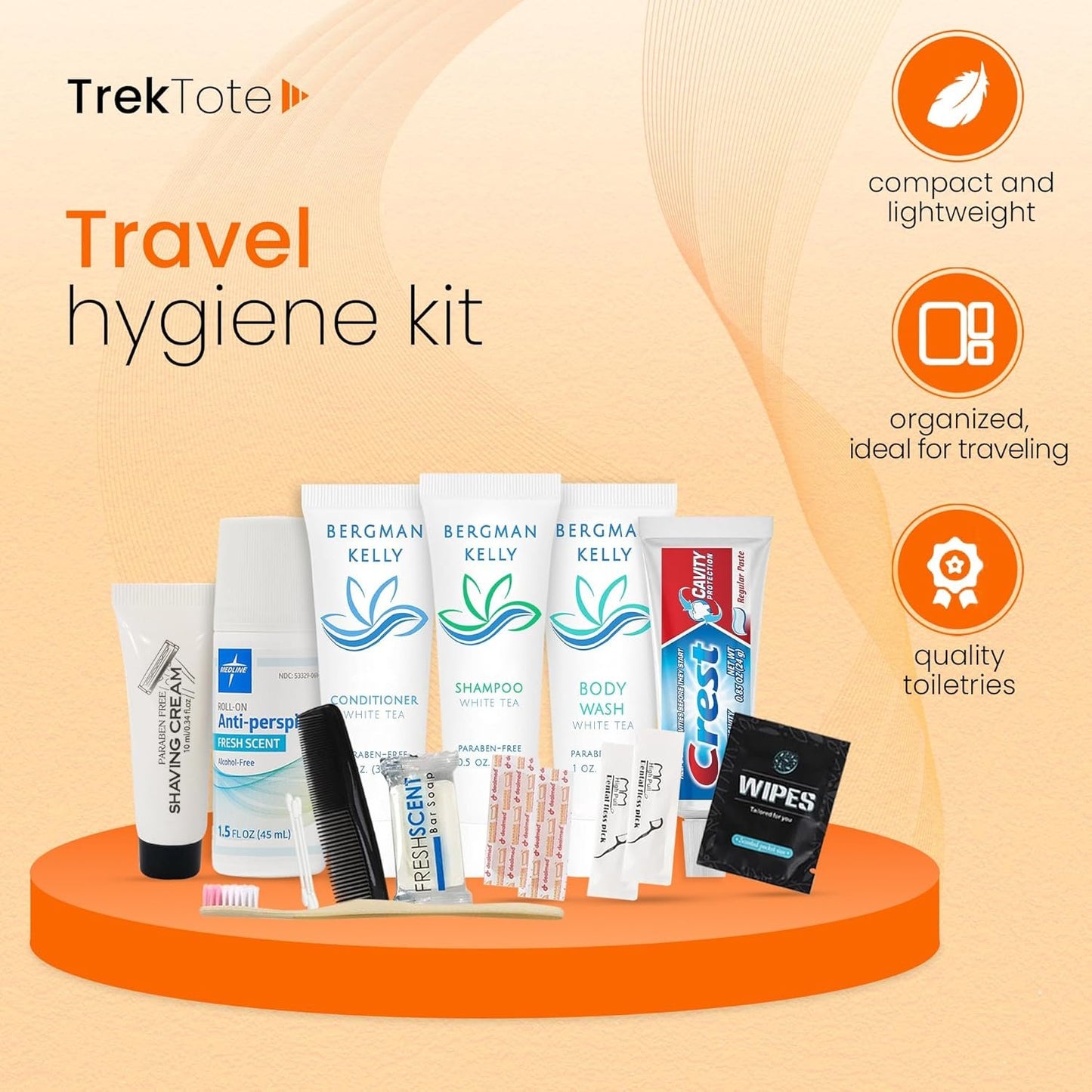 TrekTote 15-Piece Travel Toiletry Personal Care Travel Hygiene Essentials Bag with Unisex Toiletries TSA-Approved Travel Size Kit for Men and Women