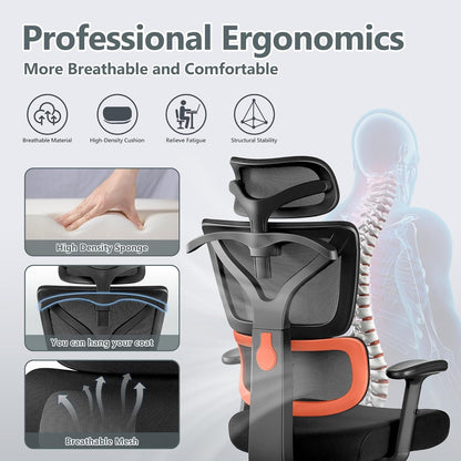 Winrise Office Chair Ergonomic Desk Chair, High Back Gaming Chair, Big and Tall Reclining chair Comfy Home Office Desk Chair Lumbar Support Breathable Mesh Computer Chair Adjustable Armrests(B-Orange)