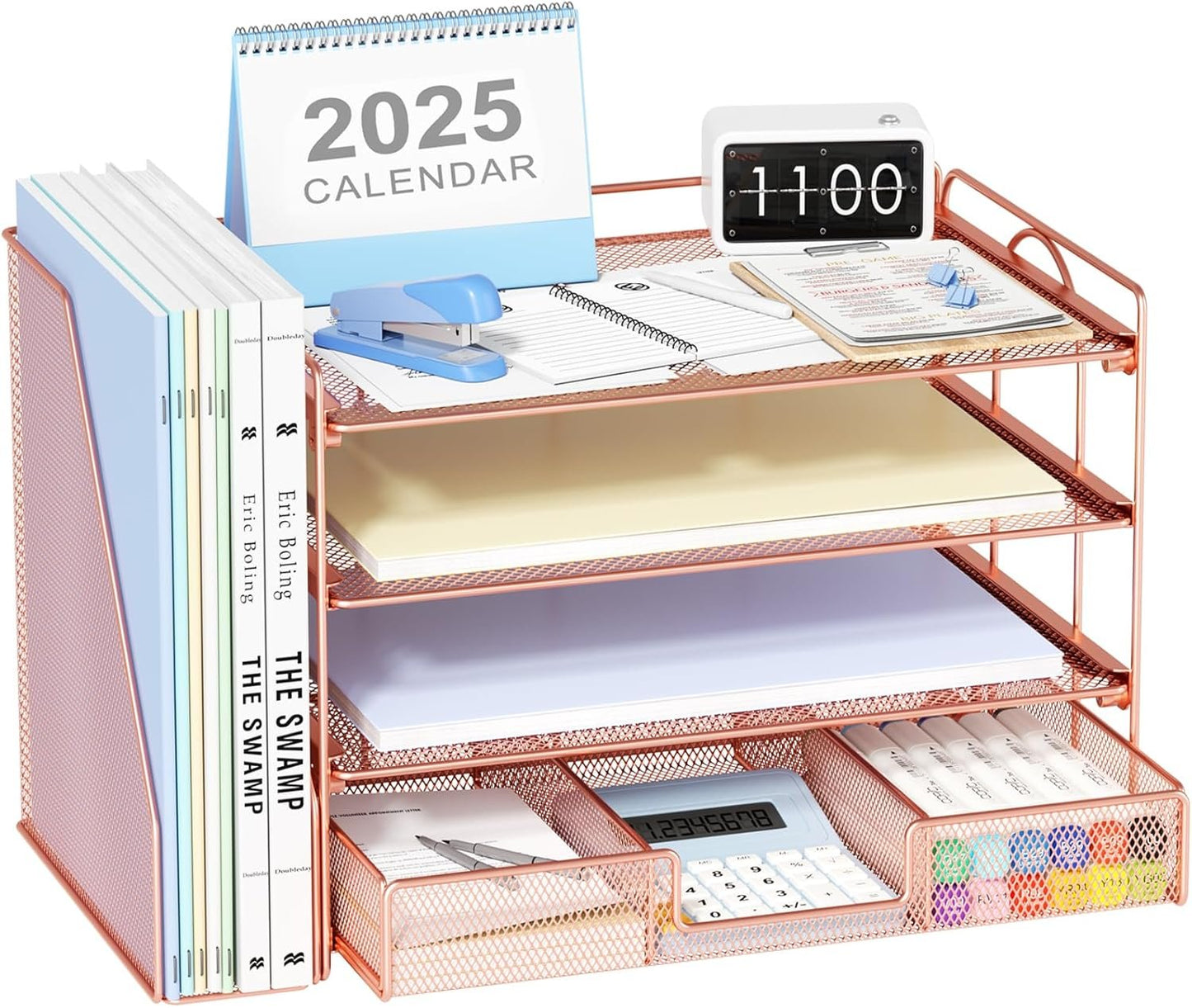 OPNICE Desk Organizers and Accessories, 4-Tier Paper Letter Tray Organizer with Removable File Holder + Drawer, Office Desktop Workspace File Organizer for Office Supplies Desk Accessories (Rose Gold)