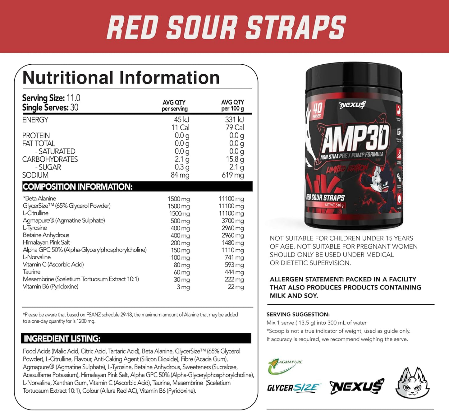 Nexus AMP3D Non-Stim Pre Workout Powder Supplement, 13 Active Ingredients, L-citrulline/Beta Alanine/GlycerSize - 1500mg, Dairy & Gluten-Free, Zero Fat, Low Sugar, 40 Servings (540g), Red Sour Straps