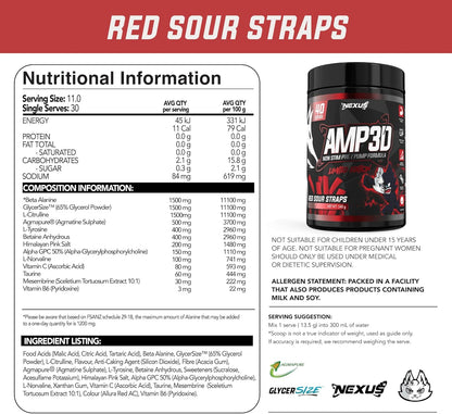 Nexus AMP3D Non-Stim Pre Workout Powder Supplement, 13 Active Ingredients, L-citrulline/Beta Alanine/GlycerSize - 1500mg, Dairy & Gluten-Free, Zero Fat, Low Sugar, 40 Servings (540g), Red Sour Straps