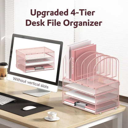 DALTACK Paper Desk Organizer, 3-Tier Letter Tray with 5 Vertical File Holders, Multifunction Desk Organizer, Desktop File Folder Organizer, Desk Organizers and Accessories for Home Office, Pink