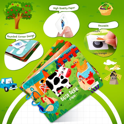ASTARON Educational Montessori Toys Farm Busy Book for Toddler, 10 Themes Preschool Sensory Learning Toys, Kids Birthday Gift, Airplane Car Travel Activities for Toddlers