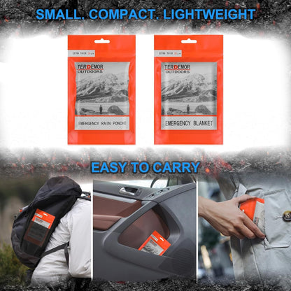 Terdemor Emergency Poncho (4 Pack), Emergency Blanket (2 Pack) with Mylar Blanket Liner, Much Larger and Thicker Survival Blanket