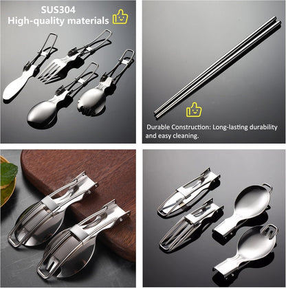 Lightweight Foldable Cutlery Set, Stainless Steel Knife, Fork, Spoon, Chopsticks, Portable Utensils Set, Outdoor Flatware with Storage Bag, Suitable for Travel, Camping, Picnic, Barbecue