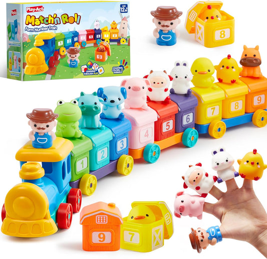 Play-Act Learning Toy for Toddlers 1 2 3 Years Old, Counting, Matching & Sorting Montessori Learning Farm Train Including 9 Farm Animals and 1 Farmer, Christmas Birthday Gift for Baby Boys Girls