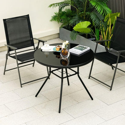 HAPPYGRILL 34" Outdoor Bistro Table, Patio Dining Table with 1.5” Umbrella Hole, Silkscreen Glass Tabletop, Metal Frame, Round Side Table Conversation Coffee Table for Patio Garden Backyard Poolside