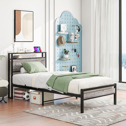 HOJINLINERO Twin Bed Frame with Storage Headboard/USB Charging Station,Single Bed Frame Twin Size No Box Spring Needed,Heavy Duty Platform Metal Slats,Easy Assembly,Bedroom Furniture,Black + Warm Grey