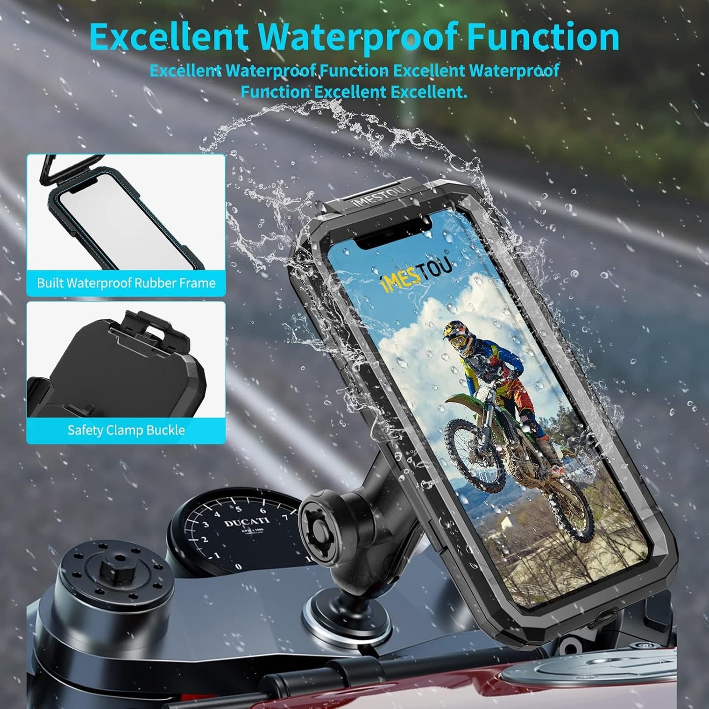 iMESTOU Waterproof Phone Holder for Motorcycle Fork Stems Anti-Theft Double Arm Socket B Aluminum Ball Base 720° Rotation for 3.5"-6.1" Smartphone (S)