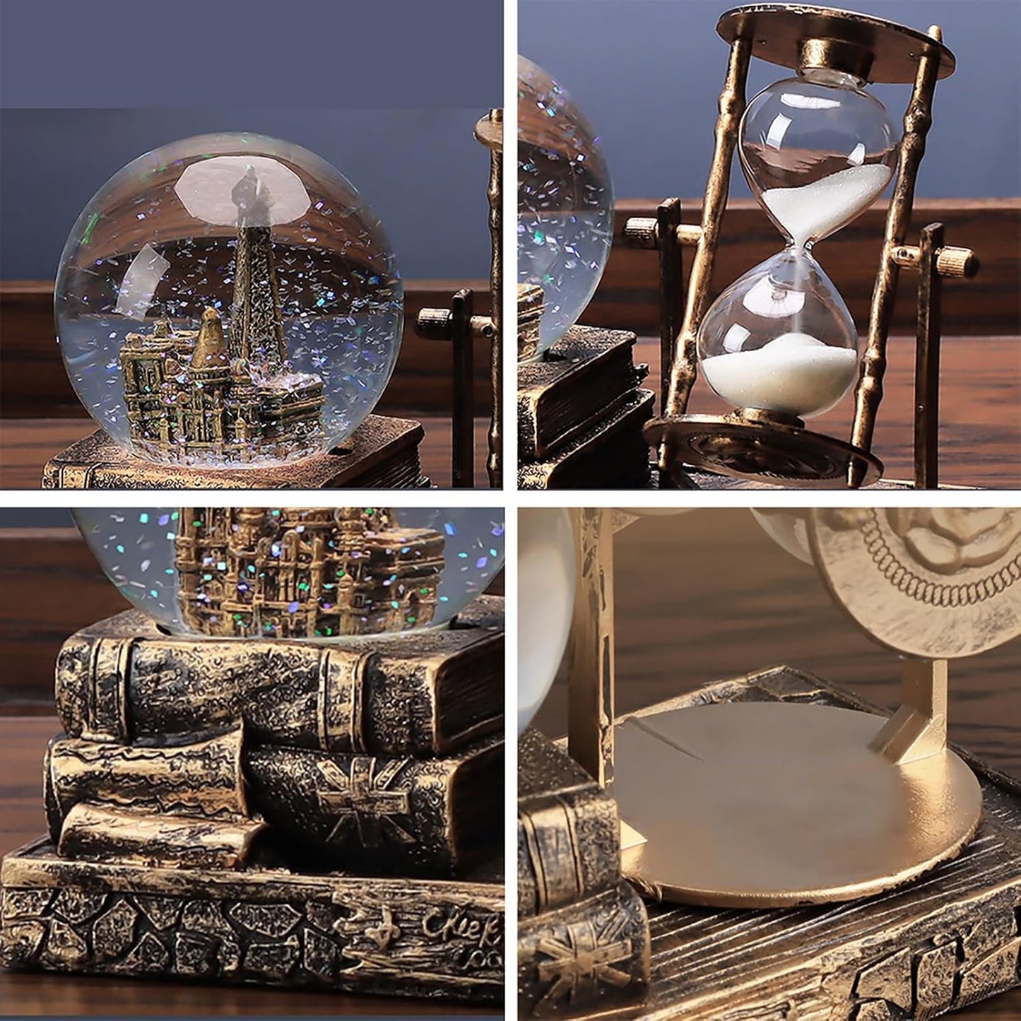 IDORTYBB LED Music Crystal Snow Globe with Hourglass Timer Home Decoration for Living Room Bedroom Book Shelf TV Cabinet Desktop Decor Statue Figurine Table Centerpieces Ornaments (Brass)