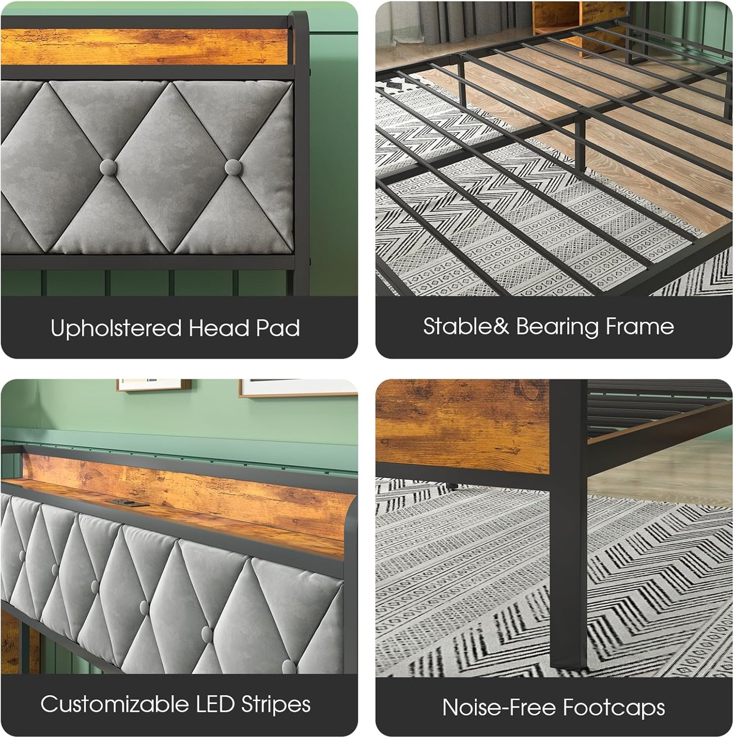 Ufurniture Bed Frame Double Size Metal Frame Storage Headboard with Charging Station and USB Ports Retro (Double)