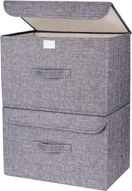 DIMJ Fabric Storage Box with Lid - 2Pcs Closet Storage Bin with Handle Organizer and Storage Organizer Box, Decorative Basket with Lid Storage Containers Clothes,Bedroom, Office(Dark Grey)