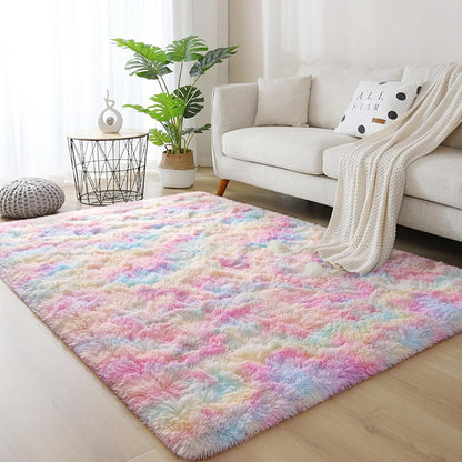 Shaggy Rugs Fluffy Area Rugs 4x5.2 Ft, Large Tie-Dyed Plush Fuzzy Rug, Ultra Soft Modern Furry Carpet for Bedroom, Anti-Skid Indoor Carpets Nursery Rug for Kids Room Home Decor (Rainbow, 120 * 160cm)