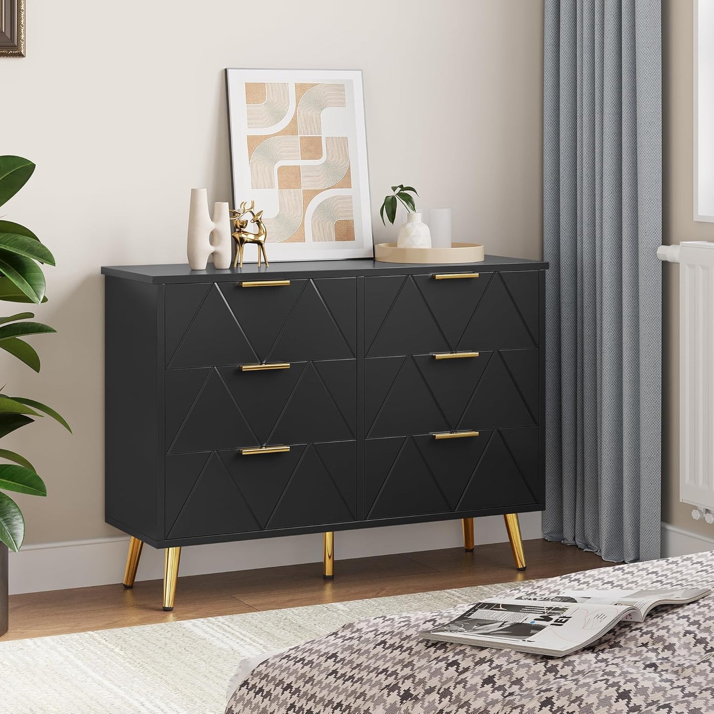 YITAHOME Bedroom Chest of Drawers 6 Contemporary Drawers Bedroom Furniture Large Wooden Chest of Drawers Sliding Drawer Office Living Room Furniture Black